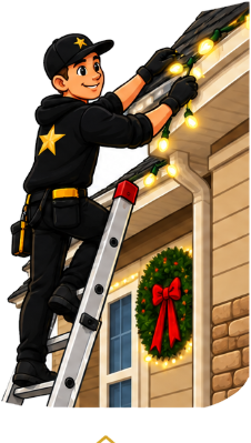 A Gold Star installer on a ladder clipping lights to a roofline