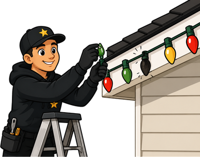 A Gold Star technician on a stepladder replacing a bulb on a lit strand